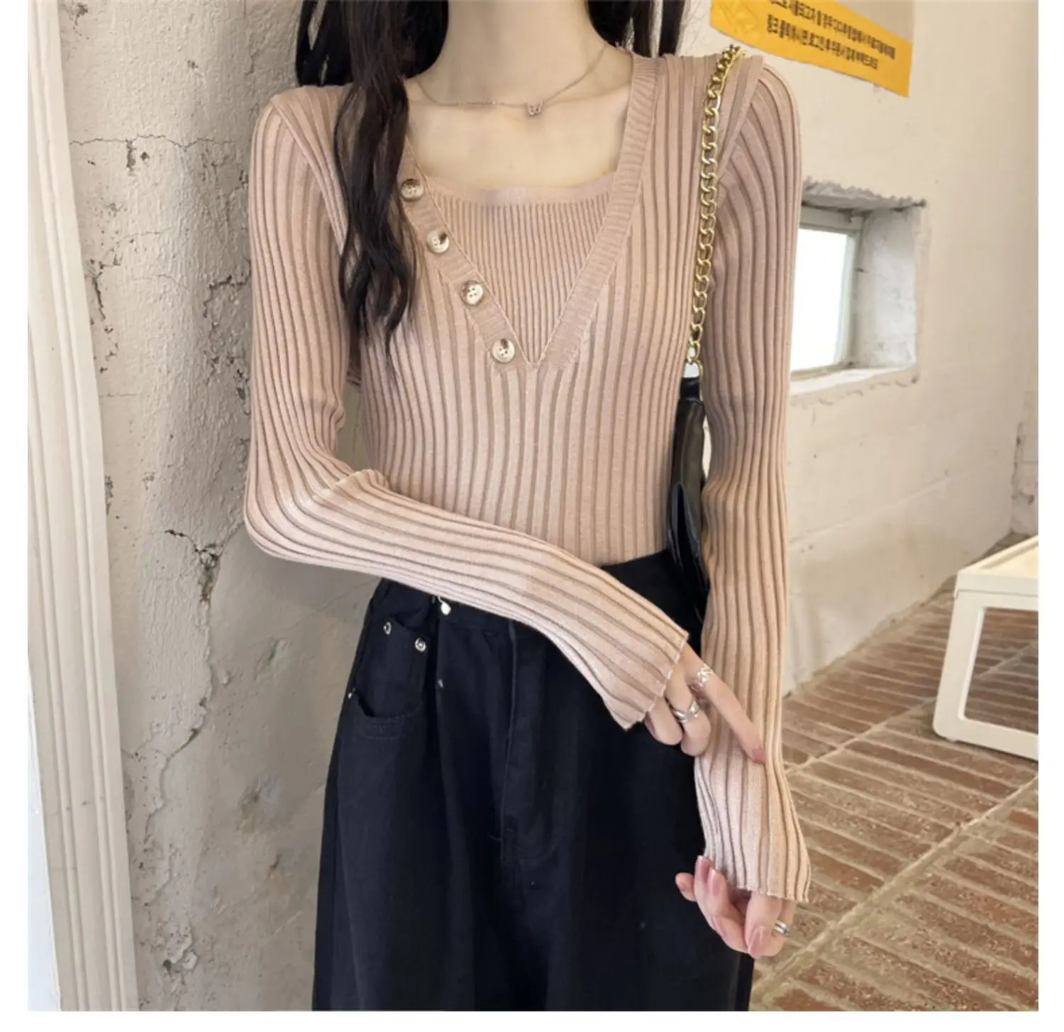 Fake Two-Piece Knit Sweater for Women Black Slim Fit — feature 16