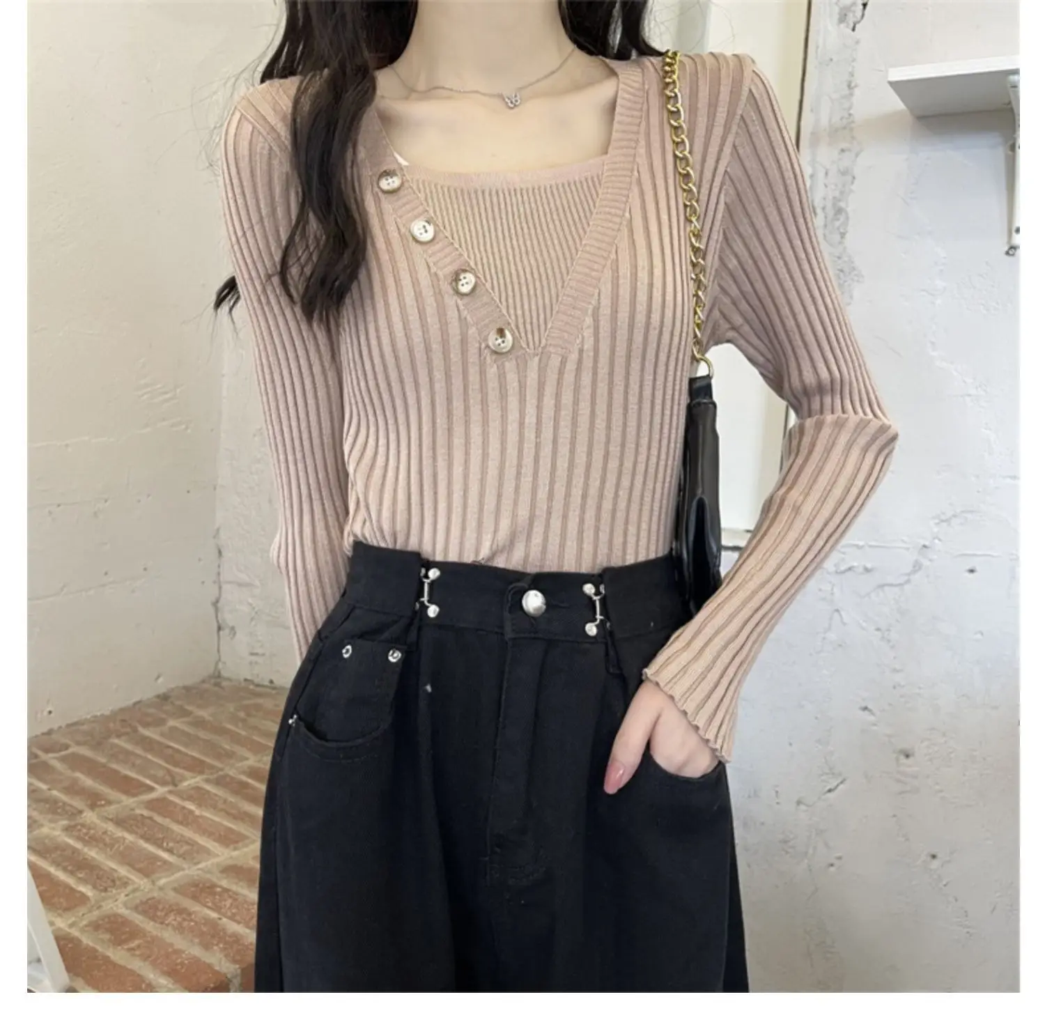 Fake Two-Piece Knit Sweater for Women Black Slim Fit — feature 17