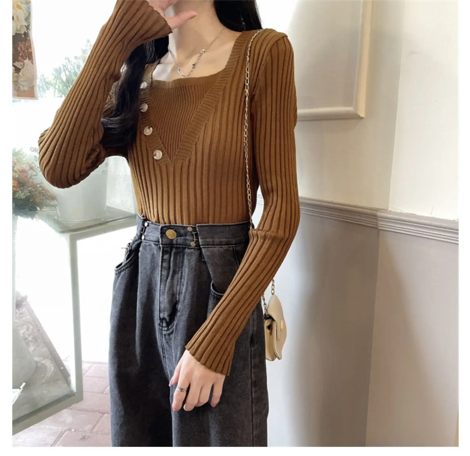 Fake Two-Piece Knit Sweater for Women Black Slim Fit — feature 18