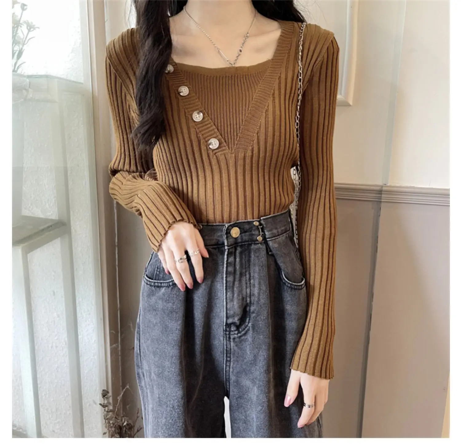 Fake Two-Piece Knit Sweater for Women Black Slim Fit — feature 21