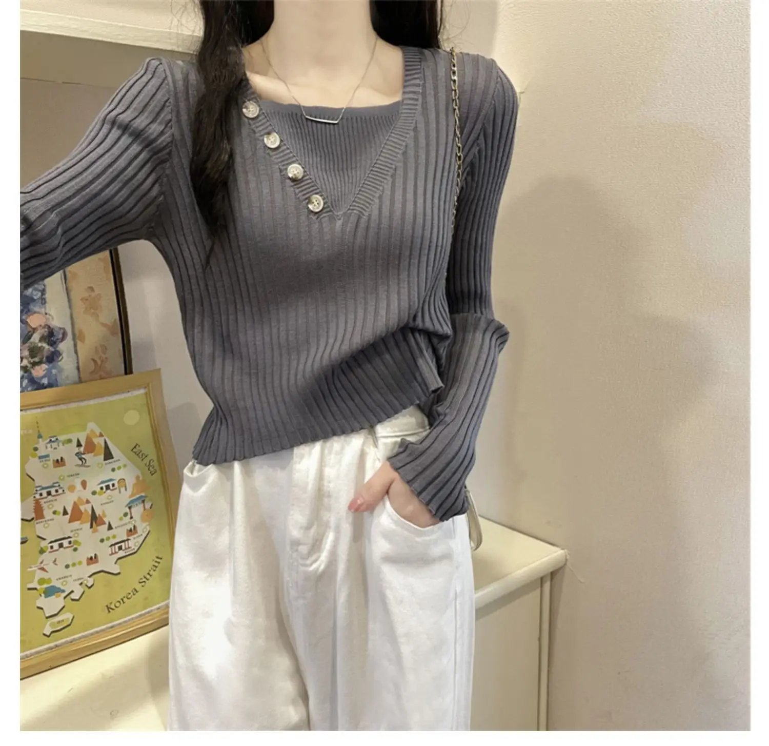 Fake Two-Piece Knit Sweater for Women Black Slim Fit — feature 22