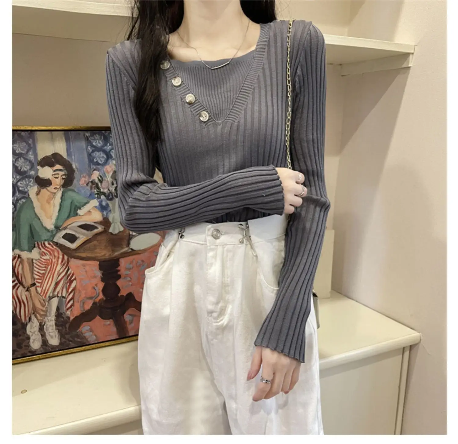 Fake Two-Piece Knit Sweater for Women Black Slim Fit — feature 23