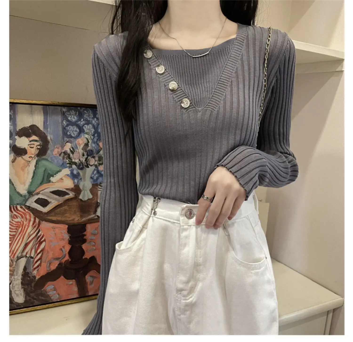 Fake Two-Piece Knit Sweater for Women Black Slim Fit — feature 24