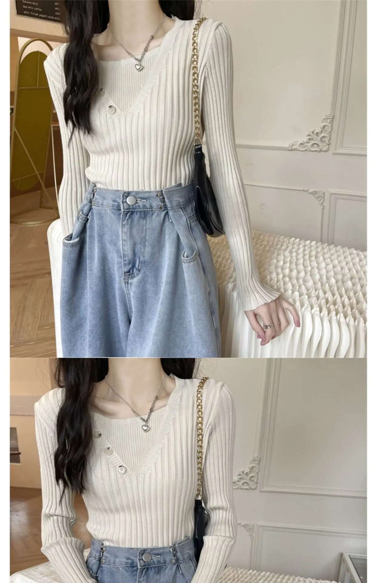Fake Two-Piece Knit Sweater for Women Black Slim Fit — feature 25