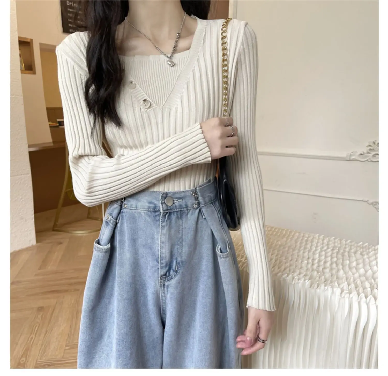 Fake Two-Piece Knit Sweater for Women Black Slim Fit — feature 27