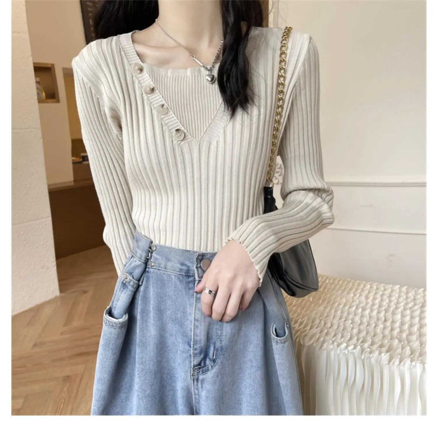 Fake Two-Piece Knit Sweater for Women Black Slim Fit — feature 28