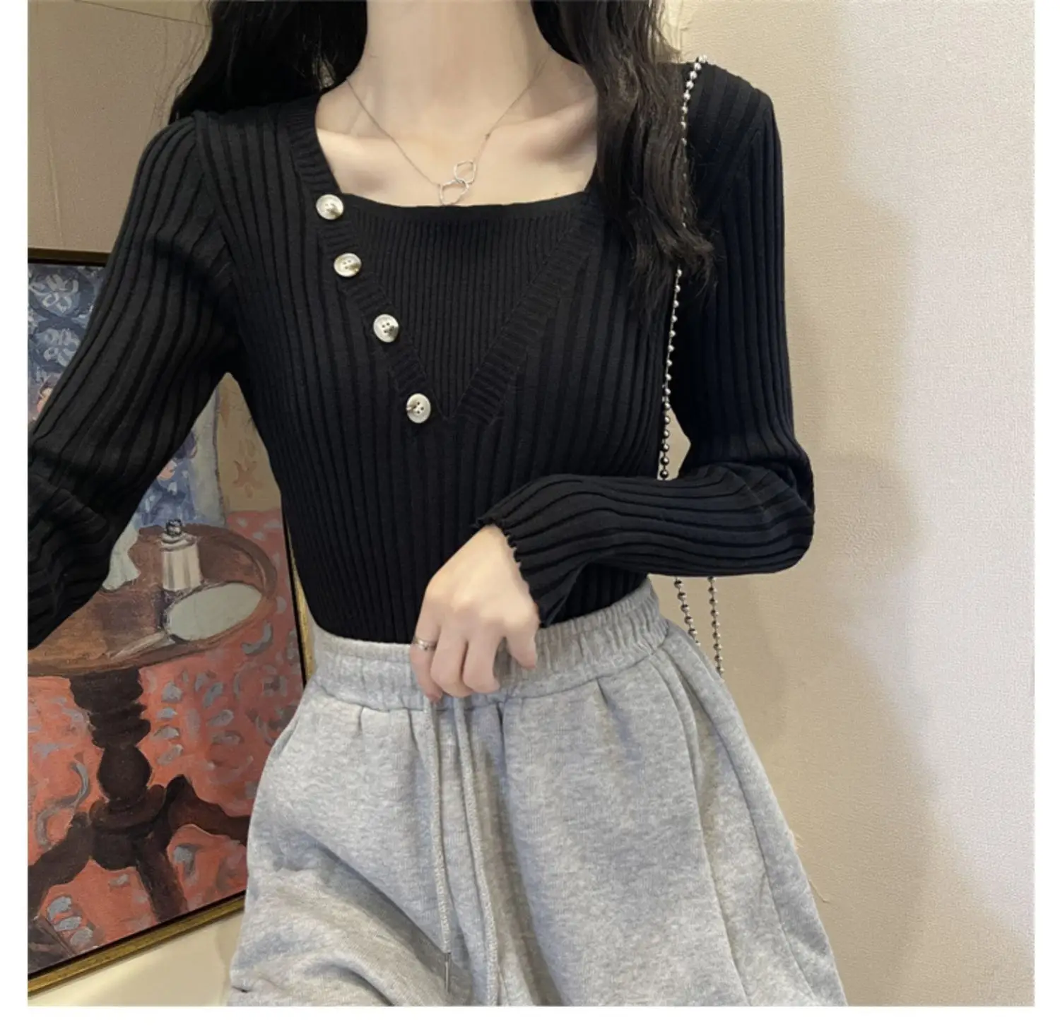 Fake Two-Piece Knit Sweater for Women Black Slim Fit — feature 3