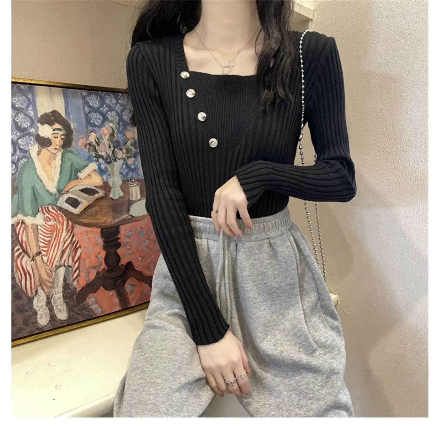 Fake Two-Piece Knit Sweater for Women Black Slim Fit — feature 4