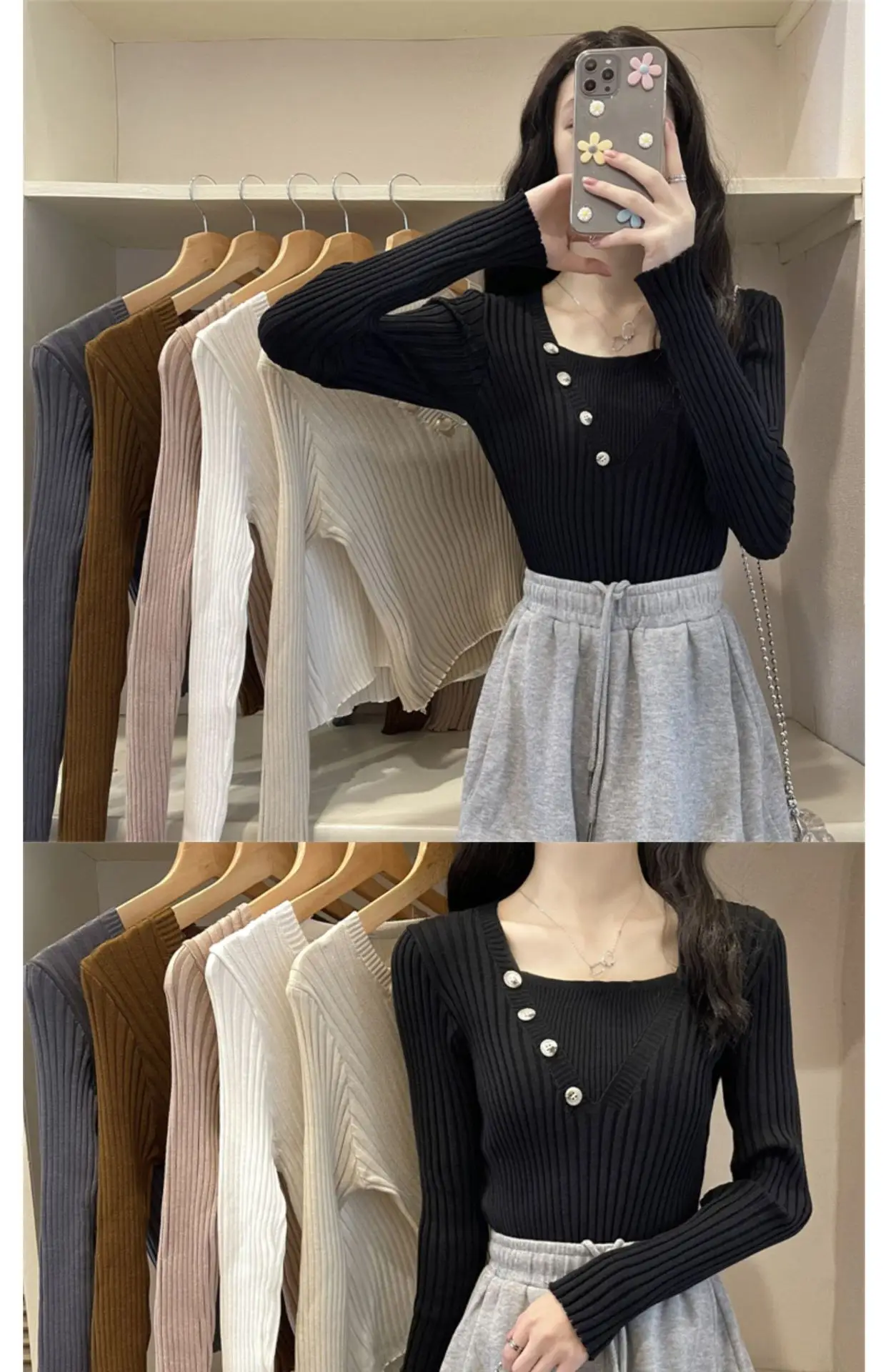 Fake Two-Piece Knit Sweater for Women Black Slim Fit — feature 5