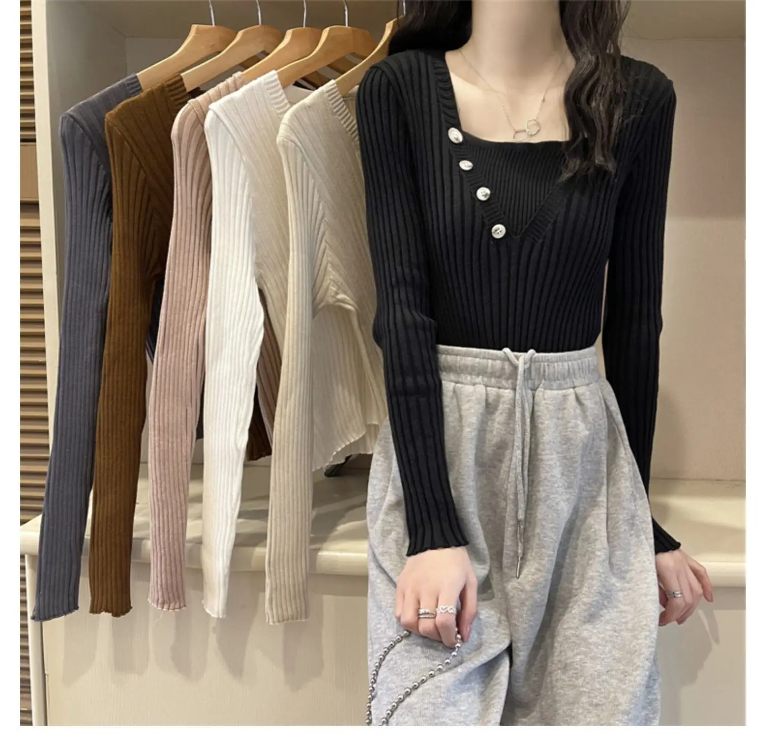 Fake Two-Piece Knit Sweater for Women Black Slim Fit — feature 8