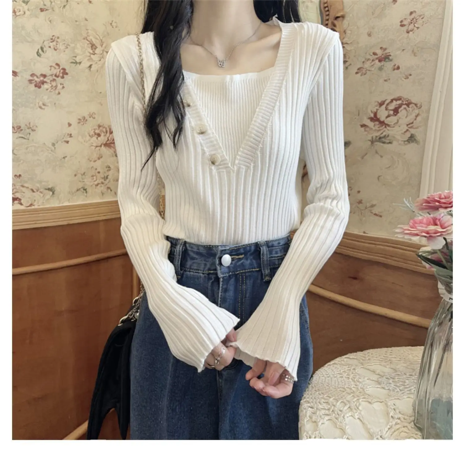 Fake Two-Piece Knit Sweater for Women Black Slim Fit — feature 9