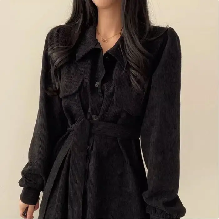 Black Corduroy Waist-Cinching Dress for Plus Size Women - Image 5