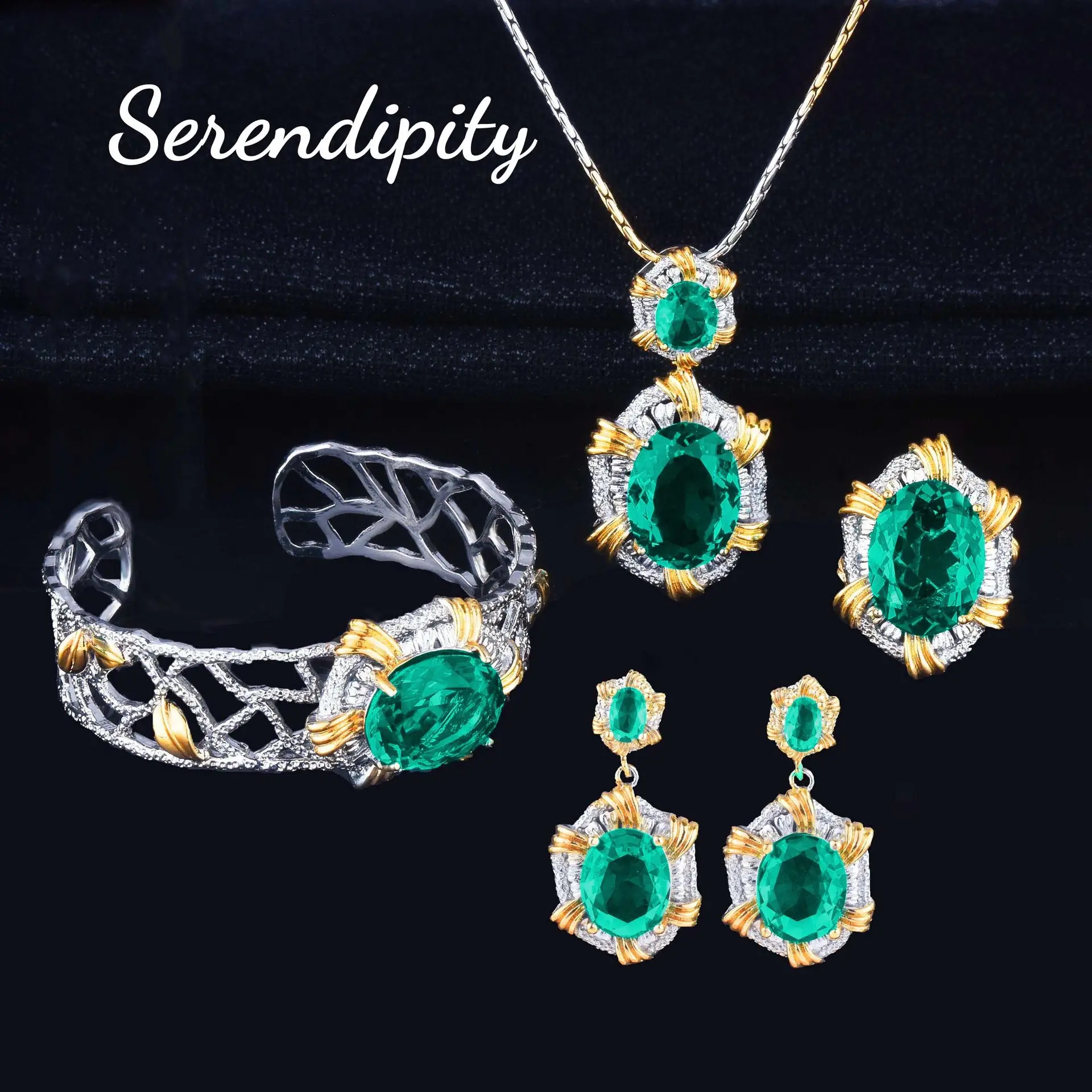 Italian Craft Emerald Pendant Open Ring Bracelet Set - Image 14