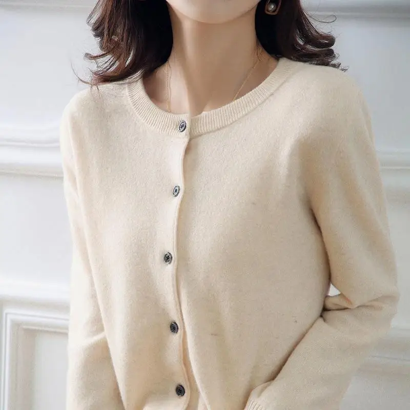 Women Wool Knitted Cardigan Red Round Neck Short Jacket - Image 26