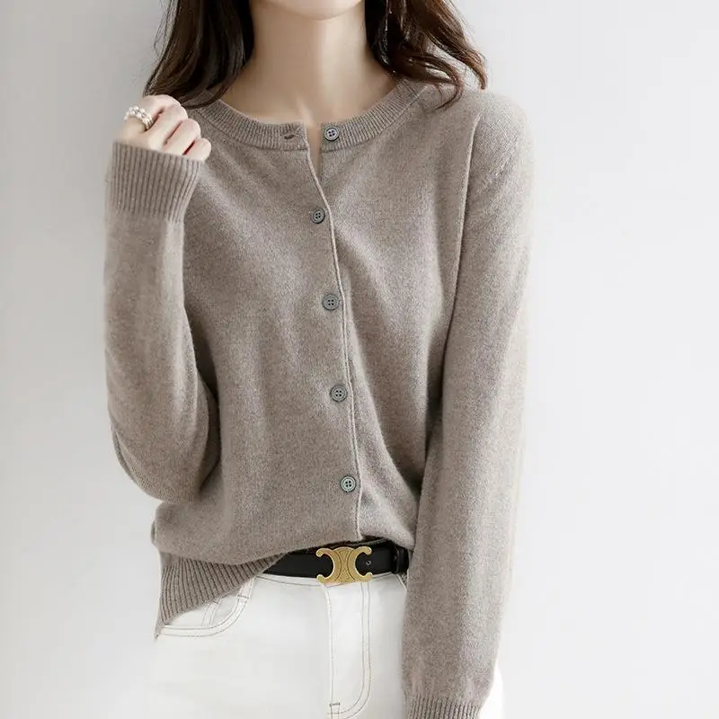 Women Wool Knitted Cardigan Red Round Neck Short Jacket - Image 14
