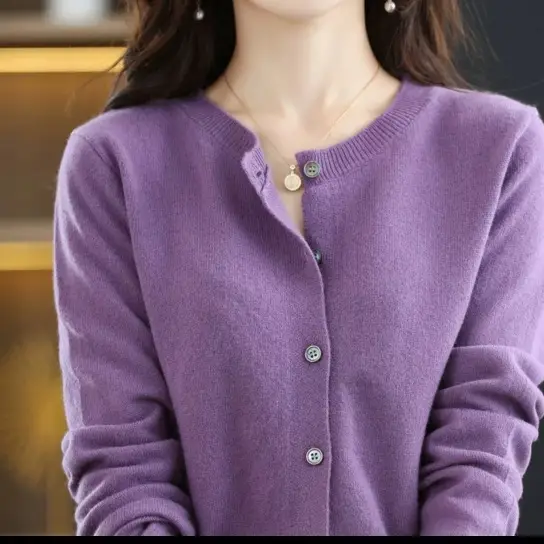 Women Wool Knitted Cardigan Red Round Neck Short Jacket - Image 16