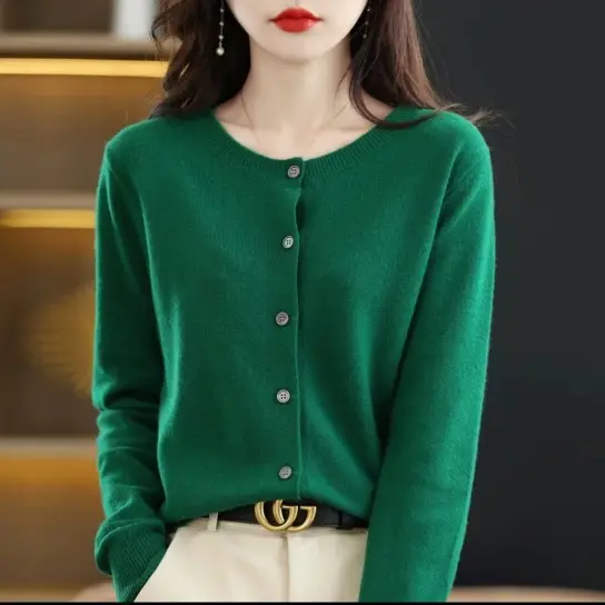 Women Wool Knitted Cardigan Red Round Neck Short Jacket - Image 17