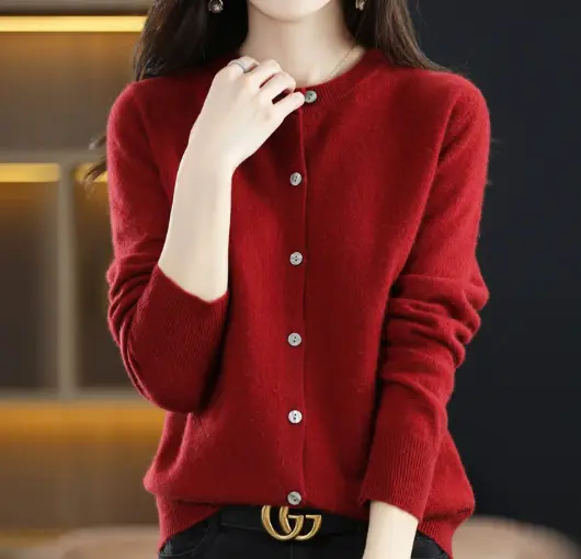 Women Wool Knitted Cardigan Red Round Neck Short Jacket - Image 18