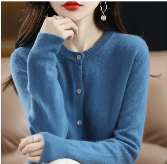 Women Wool Knitted Cardigan Red Round Neck Short Jacket - Image 19