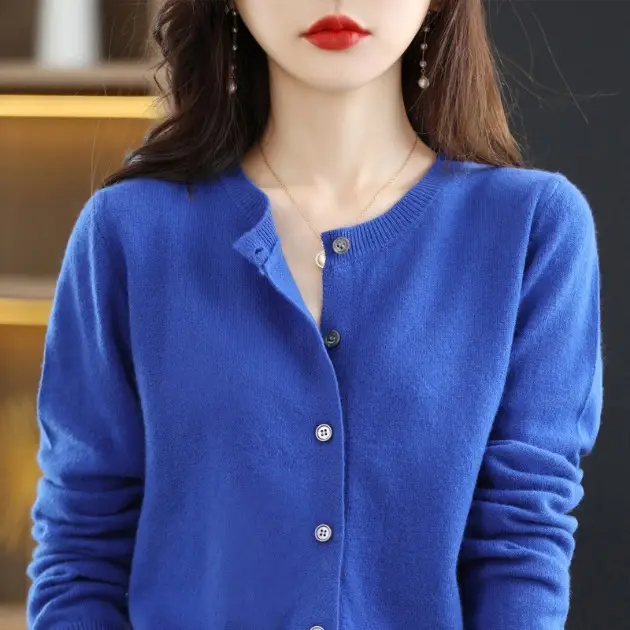 Women Wool Knitted Cardigan Red Round Neck Short Jacket - Image 20