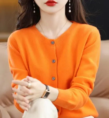 Women Wool Knitted Cardigan Red Round Neck Short Jacket - Image 21
