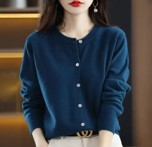 Women Wool Knitted Cardigan Red Round Neck Short Jacket - Image 22