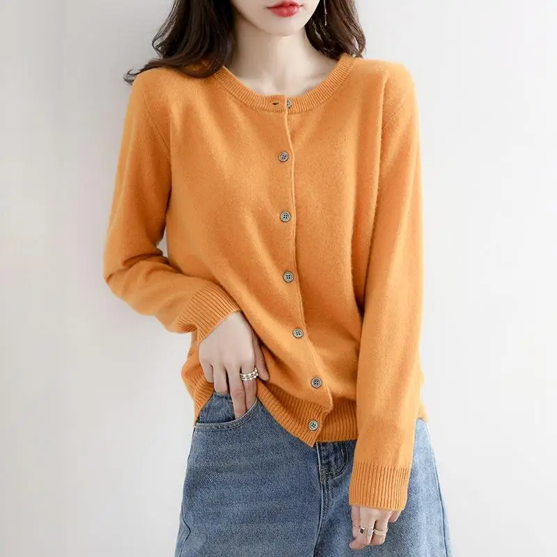 Women Wool Knitted Cardigan Red Round Neck Short Jacket - Image 6