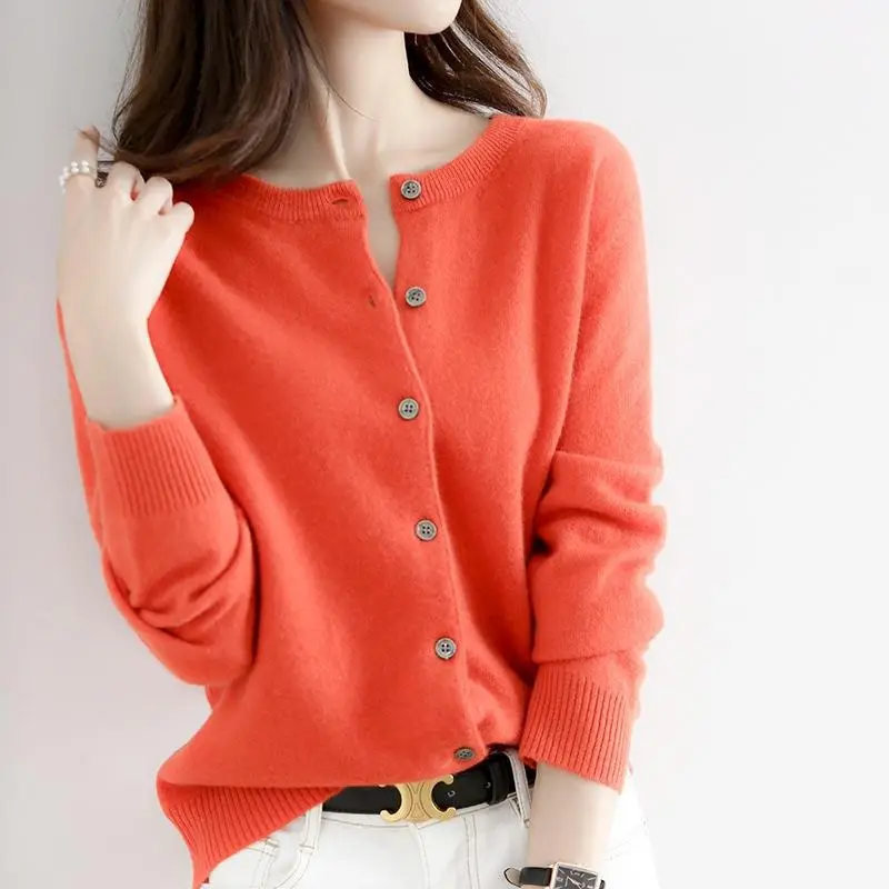 Women Wool Knitted Cardigan Red Round Neck Short Jacket - Image 9