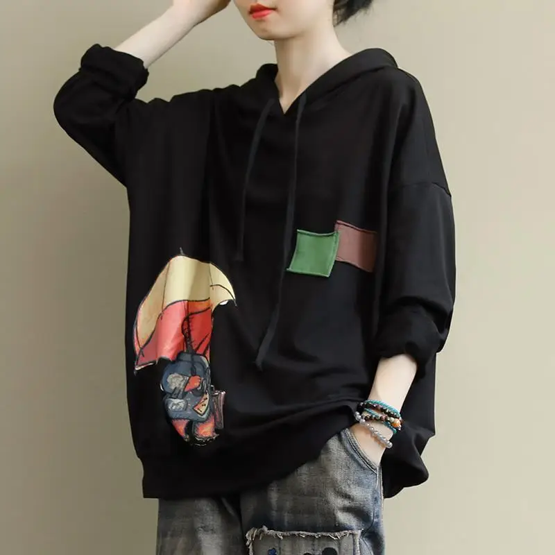 Women Hooded Sweatshirt Black Cartoon Print Large