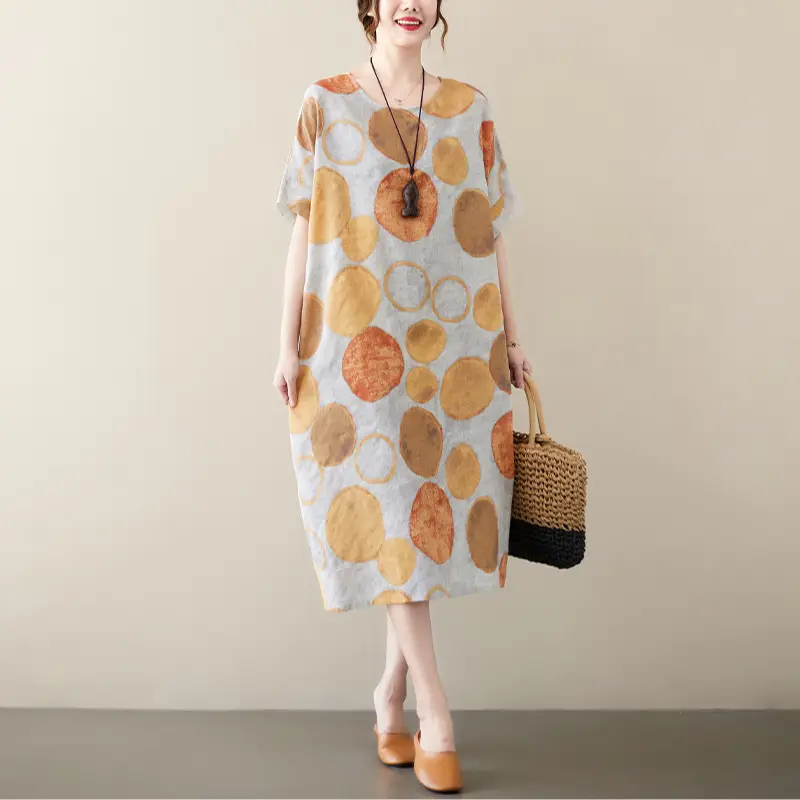 2024 Women's Mid-Length Printed Cotton Linen Dress - Image 2