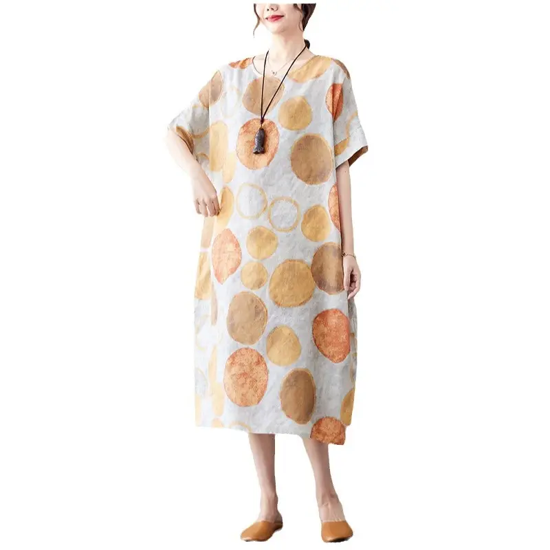 2024 Women's Mid-Length Printed Cotton Linen Dress - Image 3