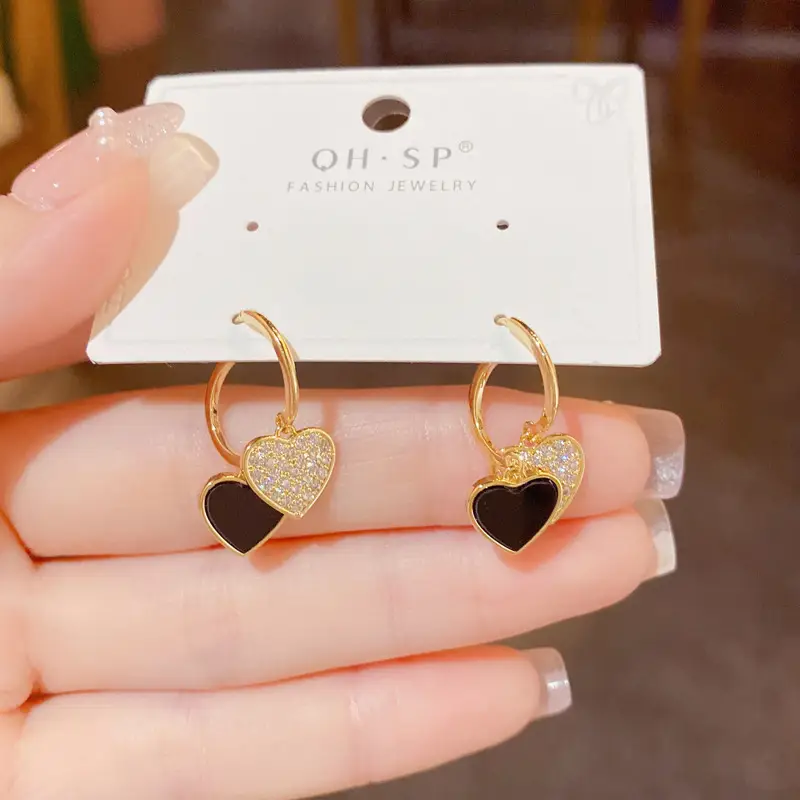 Heart & Diamond Earrings Gold Plated Black White - Image 2