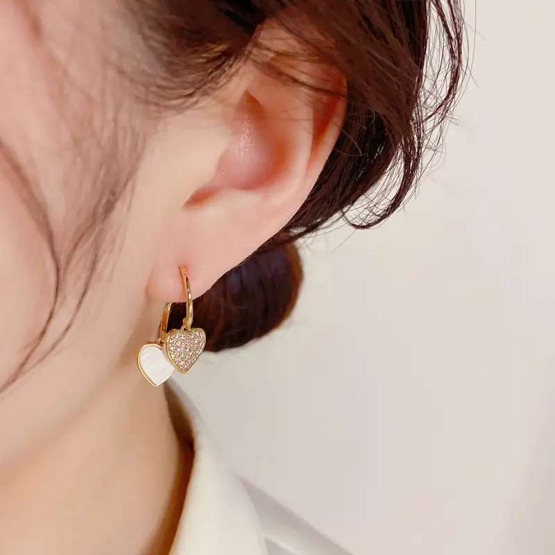 Heart & Diamond Earrings Gold Plated Black White - Image 4