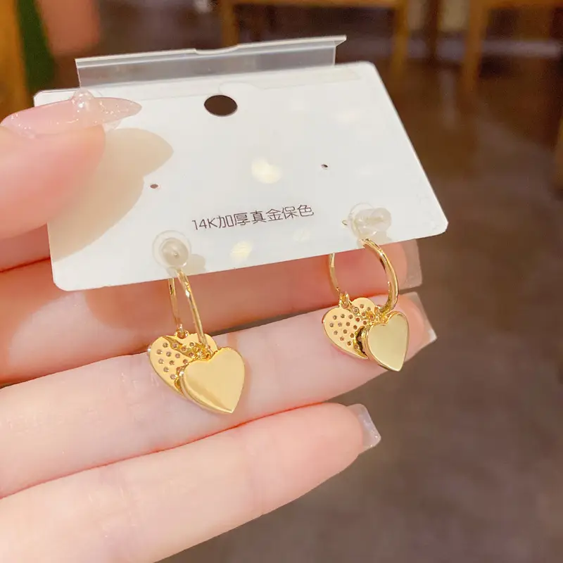 Heart & Diamond Earrings Gold Plated Black White - Image 5