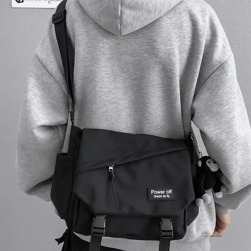 Men's Black Messenger Bag Large Capacity Adjustable Strap