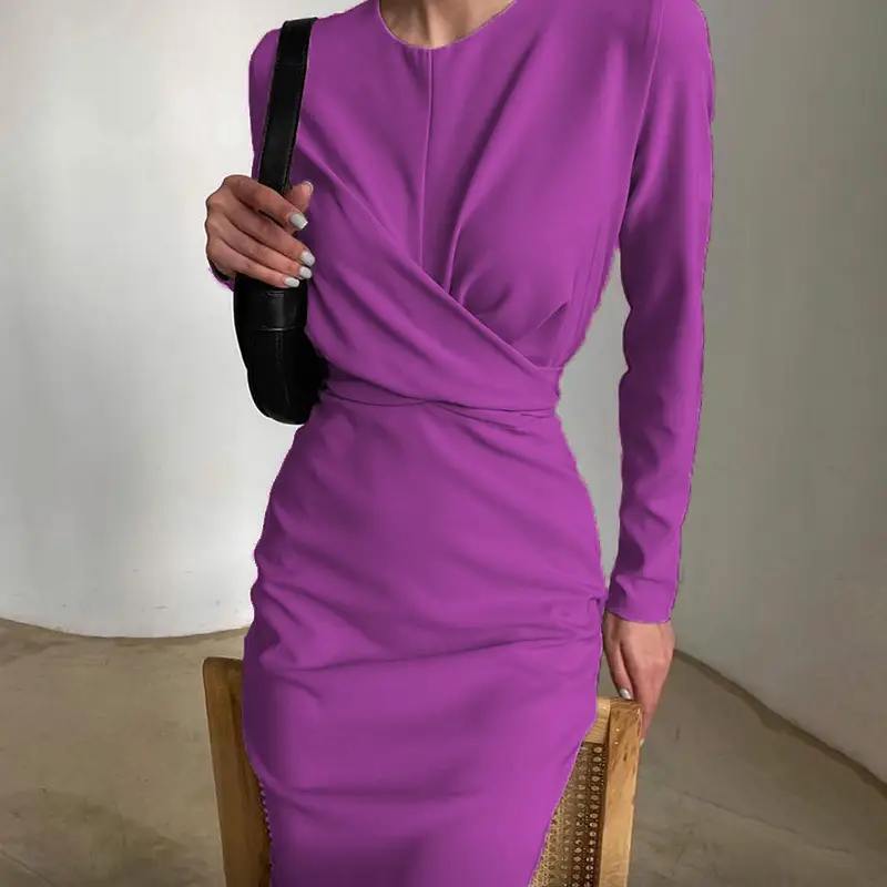 Purple Long Sleeve Hip-Grothing Dress for Women - Image 5