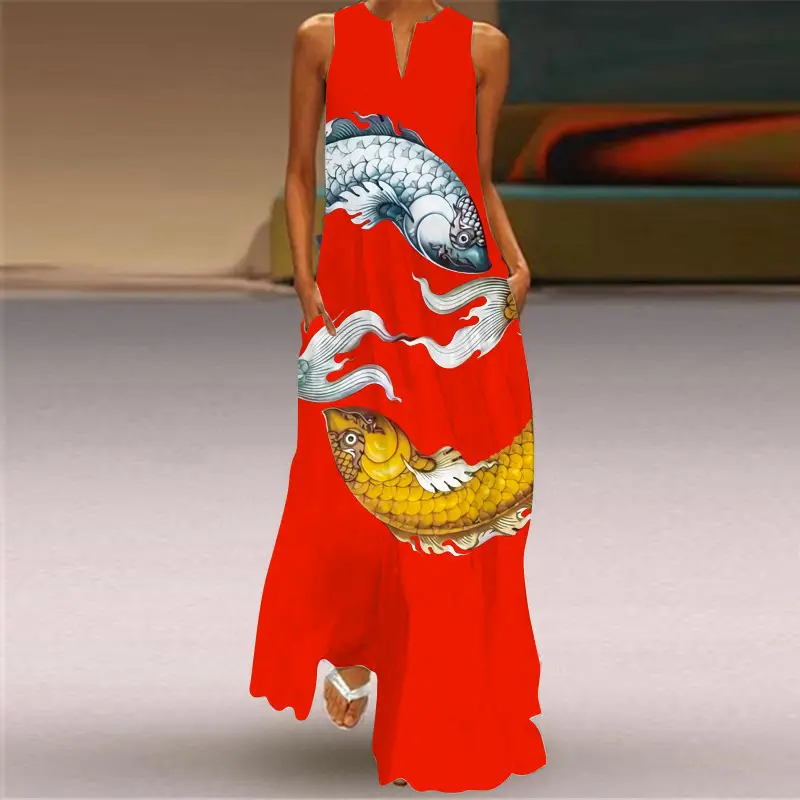 2026 Red Dragon Print Long Sleeve V-Neck Dress - Image 19