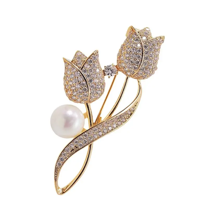 Elegant Tulip Brooch with Pearl & Diamonds for Women