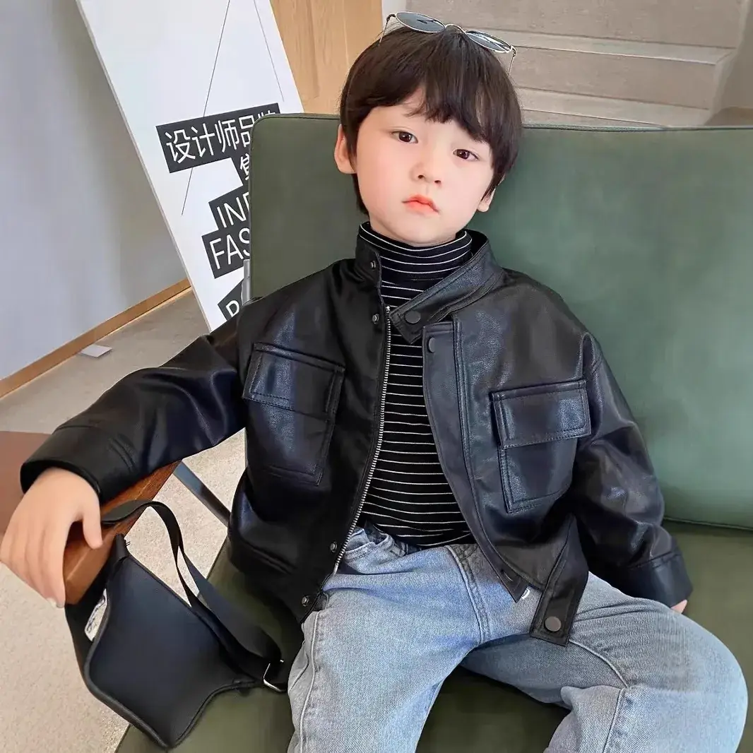 Children's Blue PU Leather Jacket with Stand Collar 2024 - Image 4