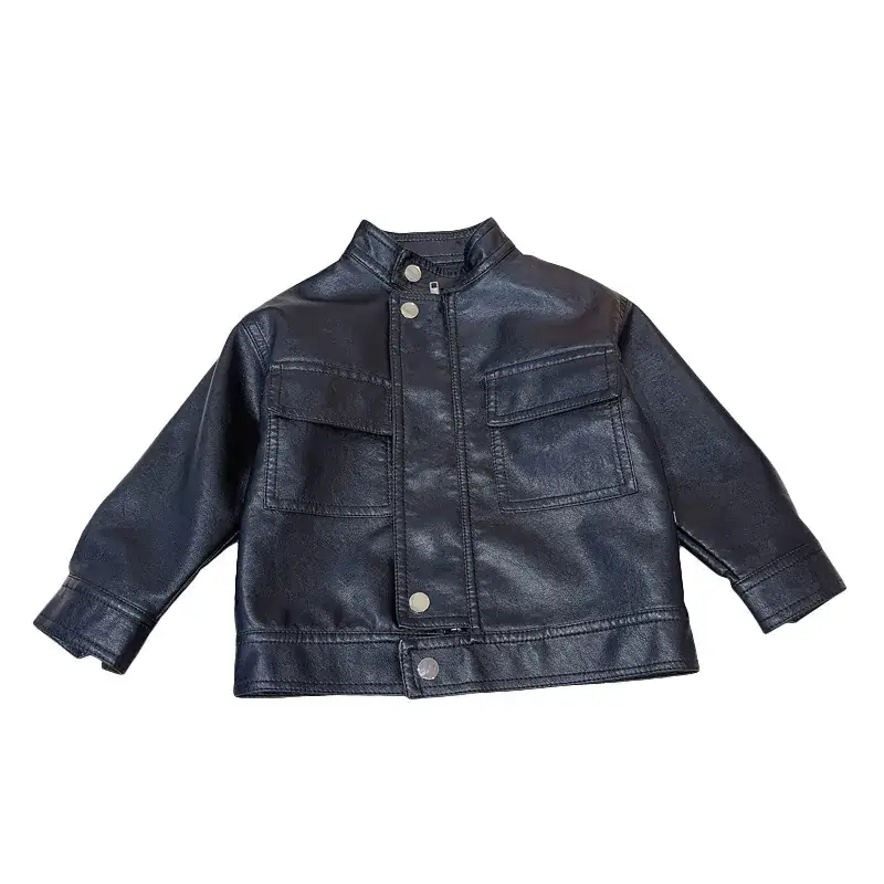 Children's Blue PU Leather Jacket with Stand Collar 2024 - Image 5