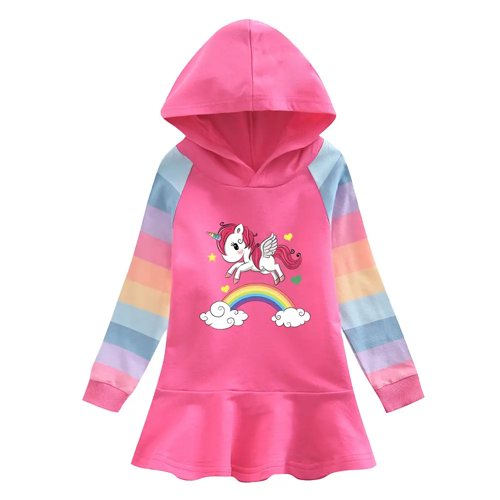 Unicorn Hooded Sweater Dress for Girls Beige Rainbow Design - Image 7