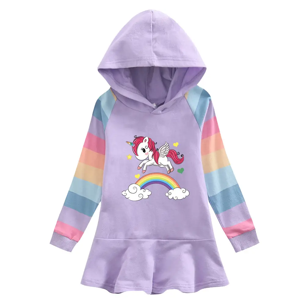 Unicorn Hooded Sweater Dress for Girls Beige Rainbow Design - Image 8