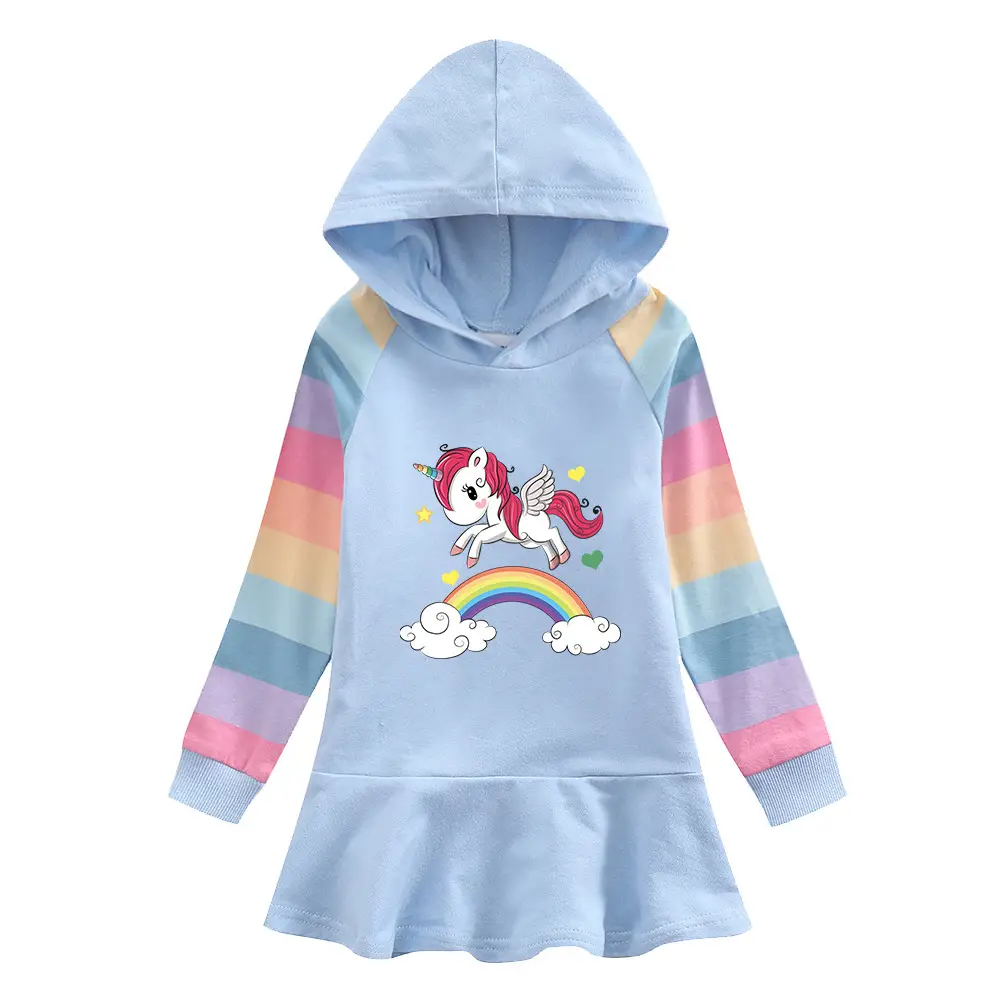 Unicorn Hooded Sweater Dress for Girls Beige Rainbow Design - Image 9