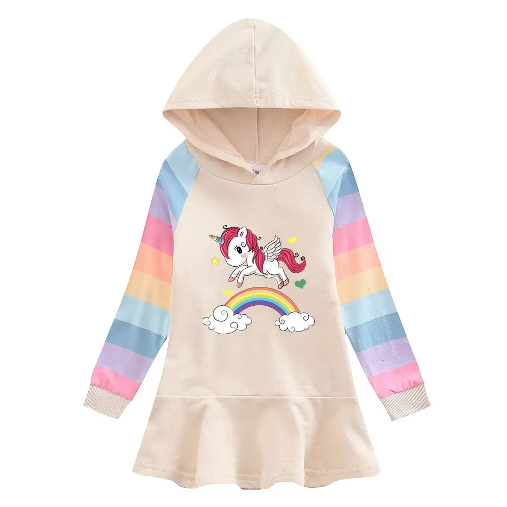 Unicorn Hooded Sweater Dress for Girls Beige Rainbow Design - Image 10