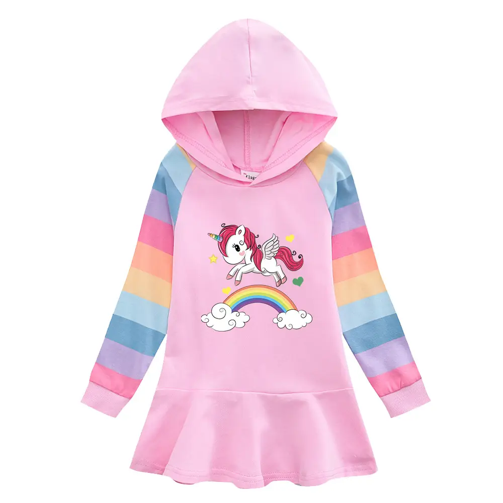 Unicorn Hooded Sweater Dress for Girls Beige Rainbow Design - Image 4