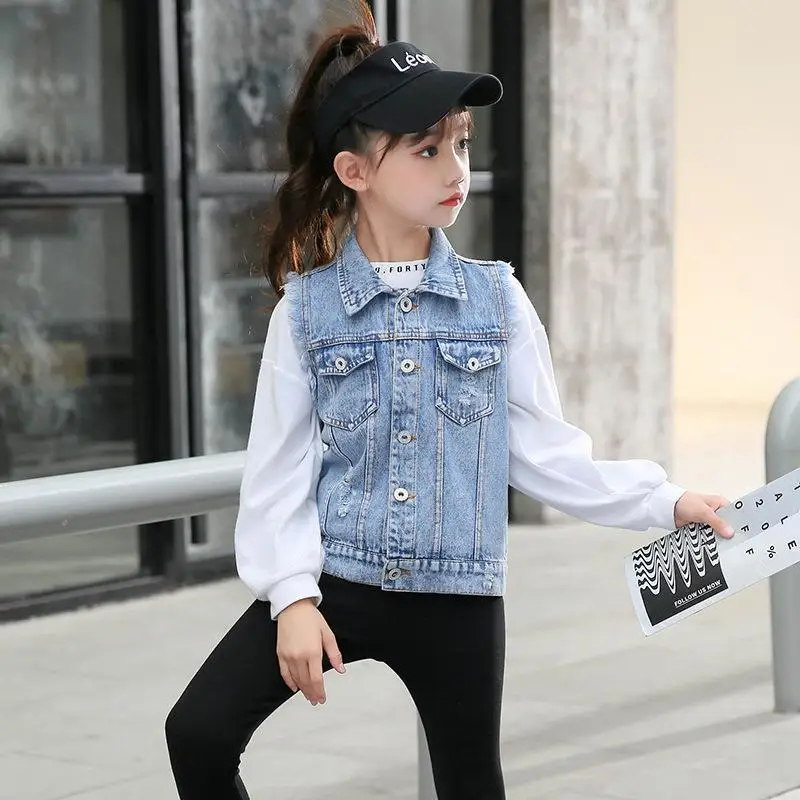 Single Breasted Denim Vest for Girls Spring Autumn - Image 4