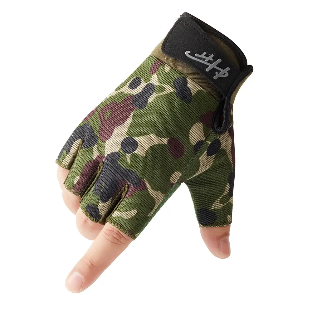 Men Tactical Half-Finger Gloves Green Camo Outdoor Cycling - Image 9