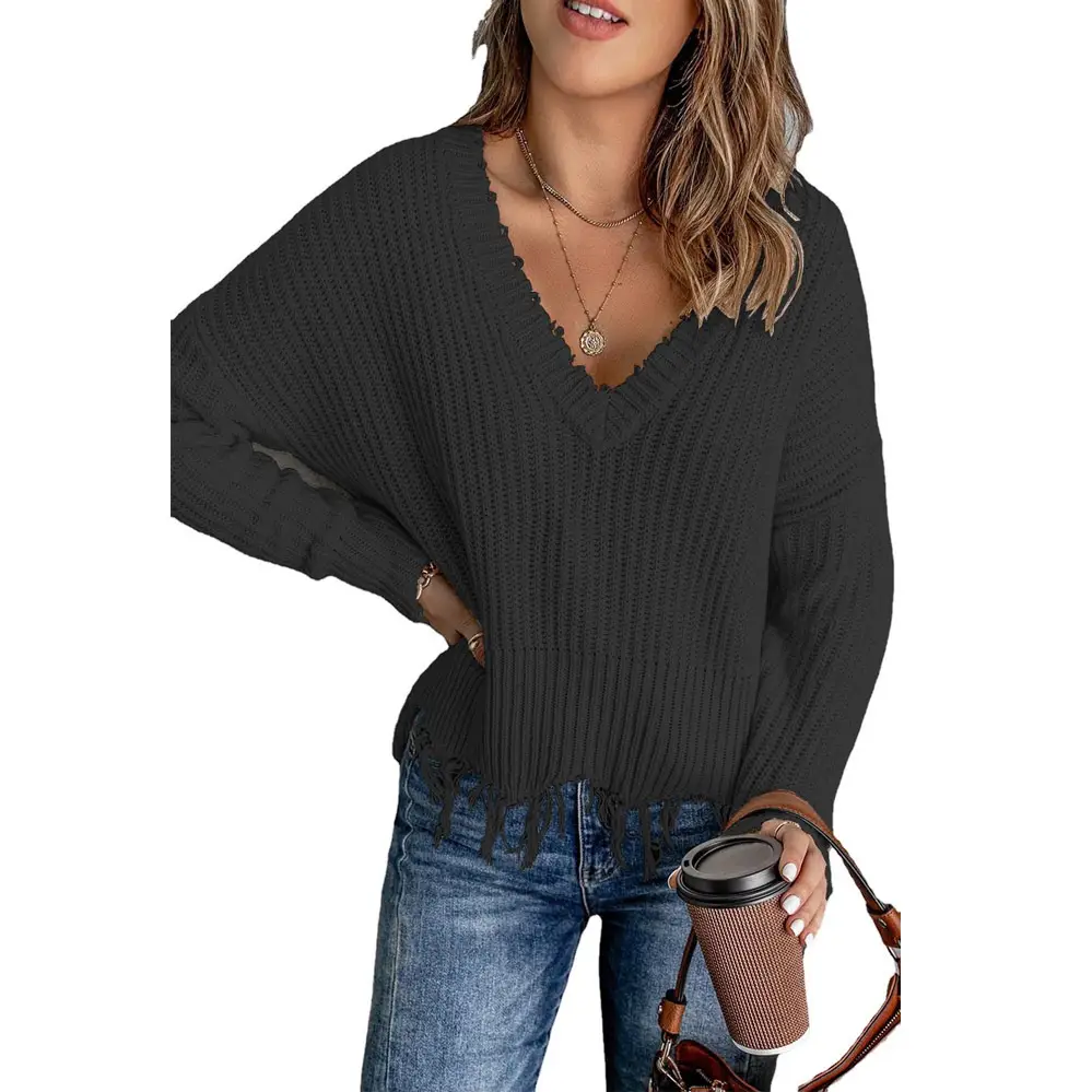 Women's Black Ripped V-Neck Knitted Top - Image 8