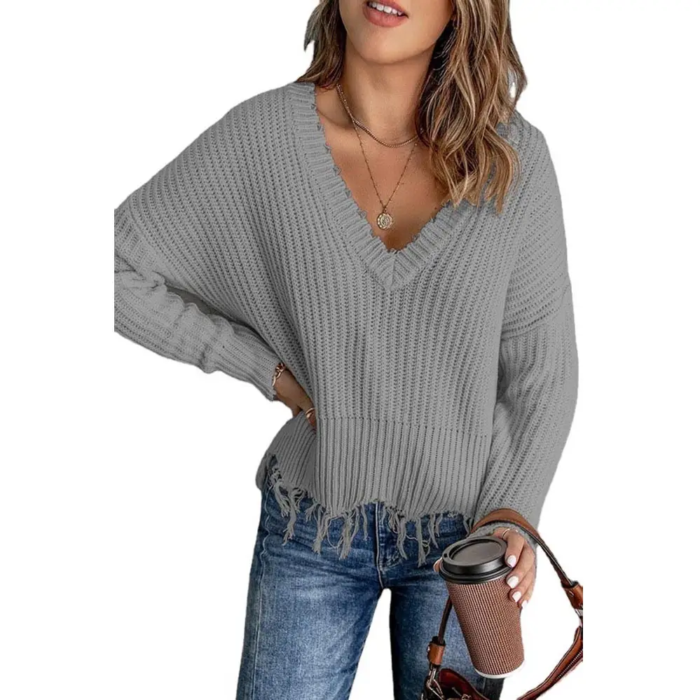 Women's Black Ripped V-Neck Knitted Top - Image 9