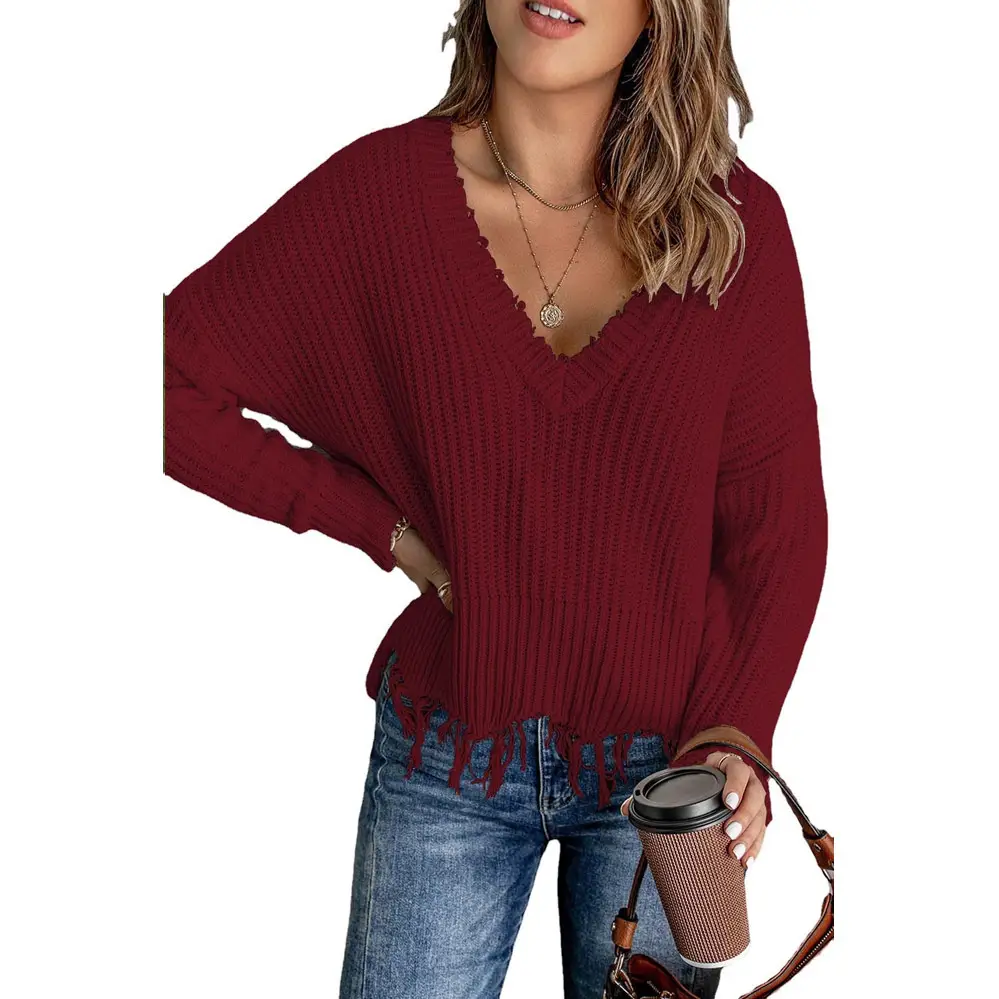Women's Black Ripped V-Neck Knitted Top - Image 10